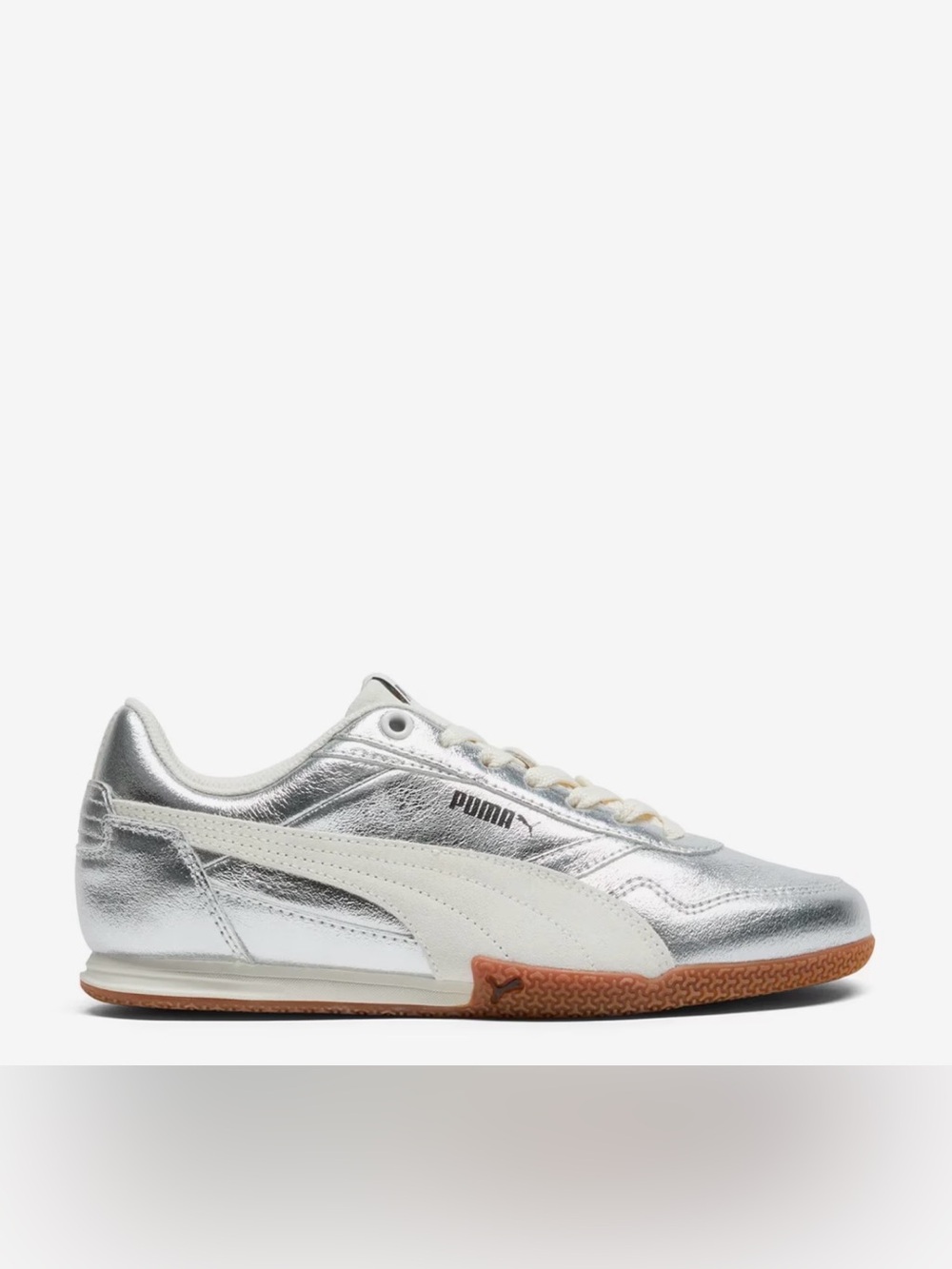 Puma Metallic Silver and White Low-Top Sneaker with Gum Sole